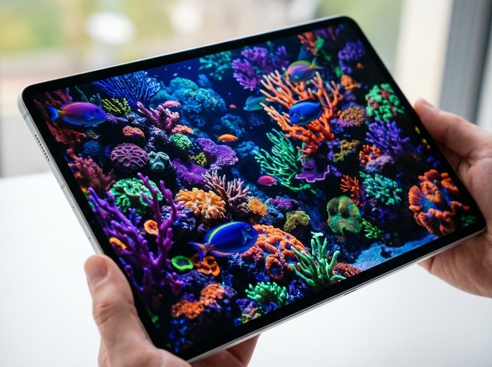 A close-up of a tablet screen displaying vibrant, rich colors, emphasizing the clarity and depth of an OLED display. The tablet itself is sleek and modern. Aspect ratio 4:3, no visible text.