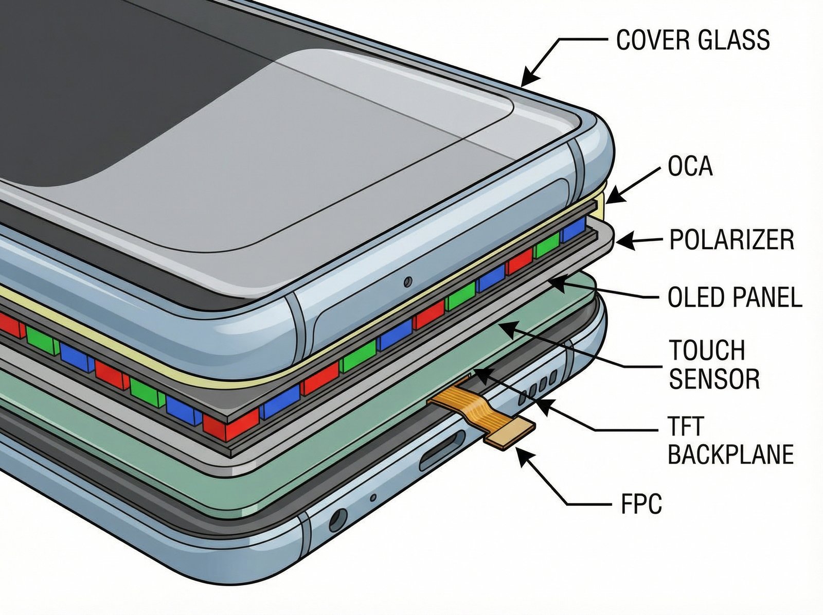 Detailed cross-section illustration of a smartphone screen, showing a flat OLED panel underneath a thick quad-curved cover glass that wraps around the edges, technical and clean design, 4:3 aspect ratio, no visible text