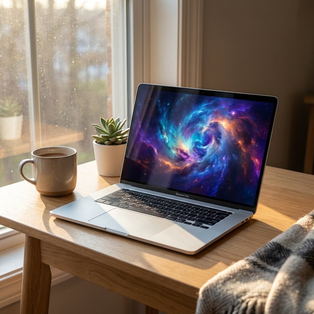 A sleek modern MacBook Pro on a minimalist wooden desk, vibrant OLED screen displaying colorful nebula, thin bezels, soft natural sunlight from a window, lifestyle photography, cozy atmosphere, 1:1 aspect ratio, no text