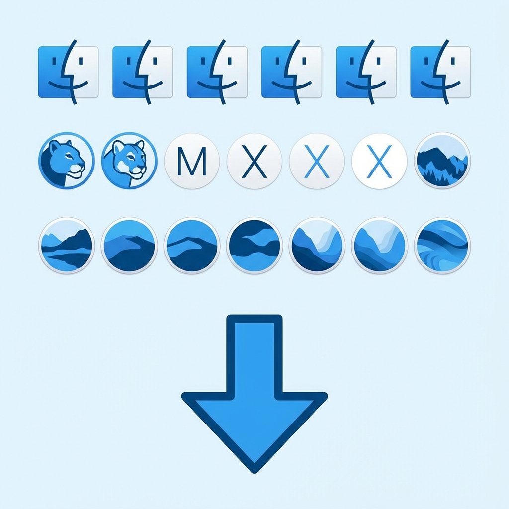 A clean infographic showing various Apple macOS version icons in a row with a stylized download arrow pointing downwards modern flat design blue and white color palette 1:1 aspect ratio no text