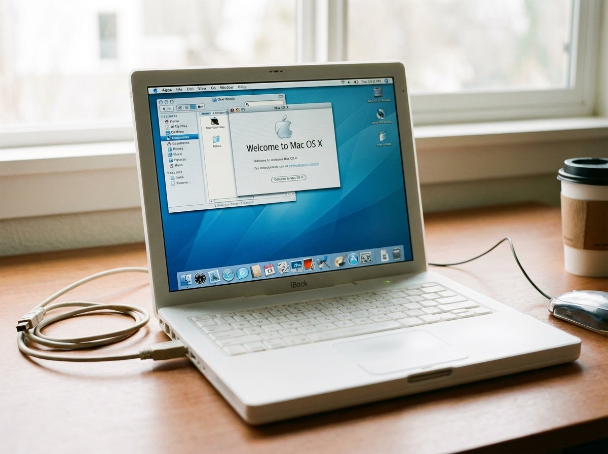 Realistic photography of an early 2000s white MacBook showing the translucent Aqua user interface of Mac OS X Cheetah, soft natural lighting, 4:3