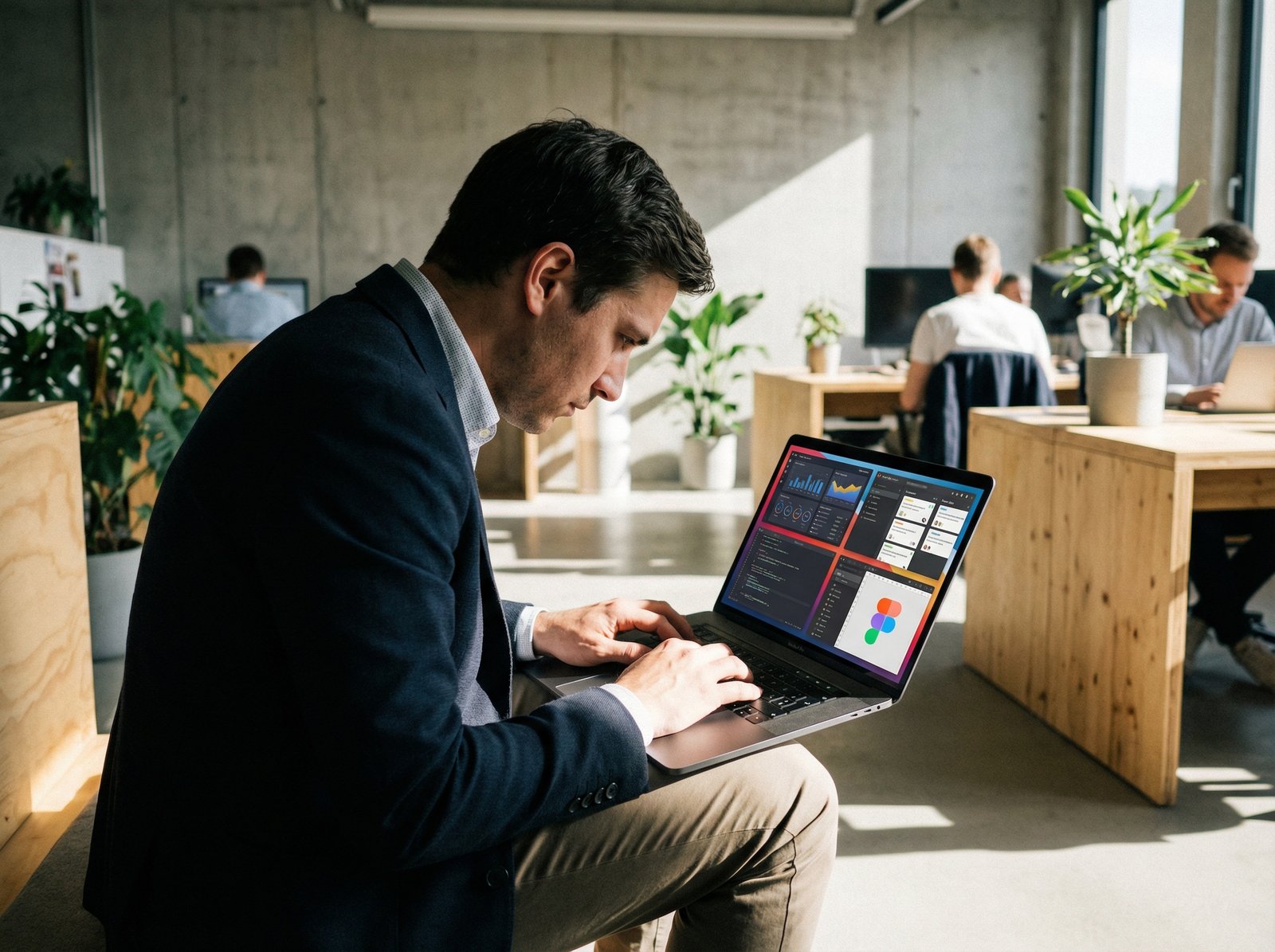 A professional person actively working on a 2020 MacBook Pro in a modern office environment. The person is focused, and the screen shows multiple applications open for productivity. Informational style, high contrast, no visible text, aspect ratio 4:3.
