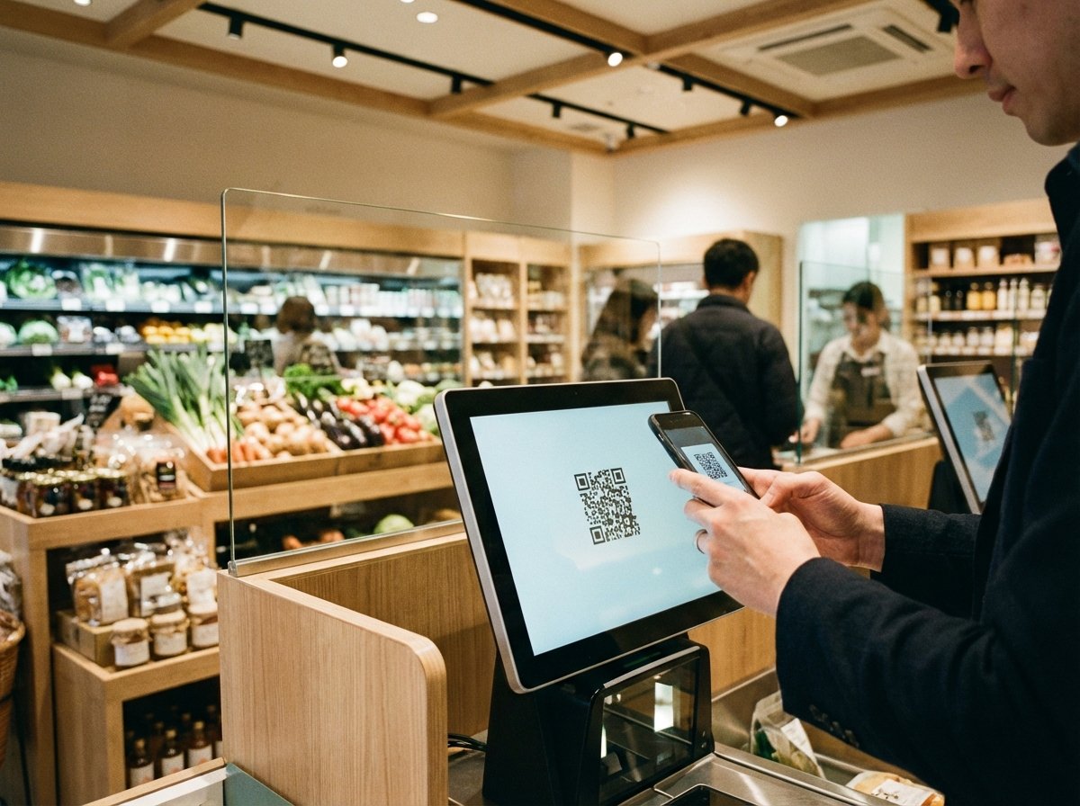 A person holding a smartphone and scanning a QR code on a retail checkout screen, grocery store interior, clean and modern lighting, lifestyle photography, 4:3, no visible text