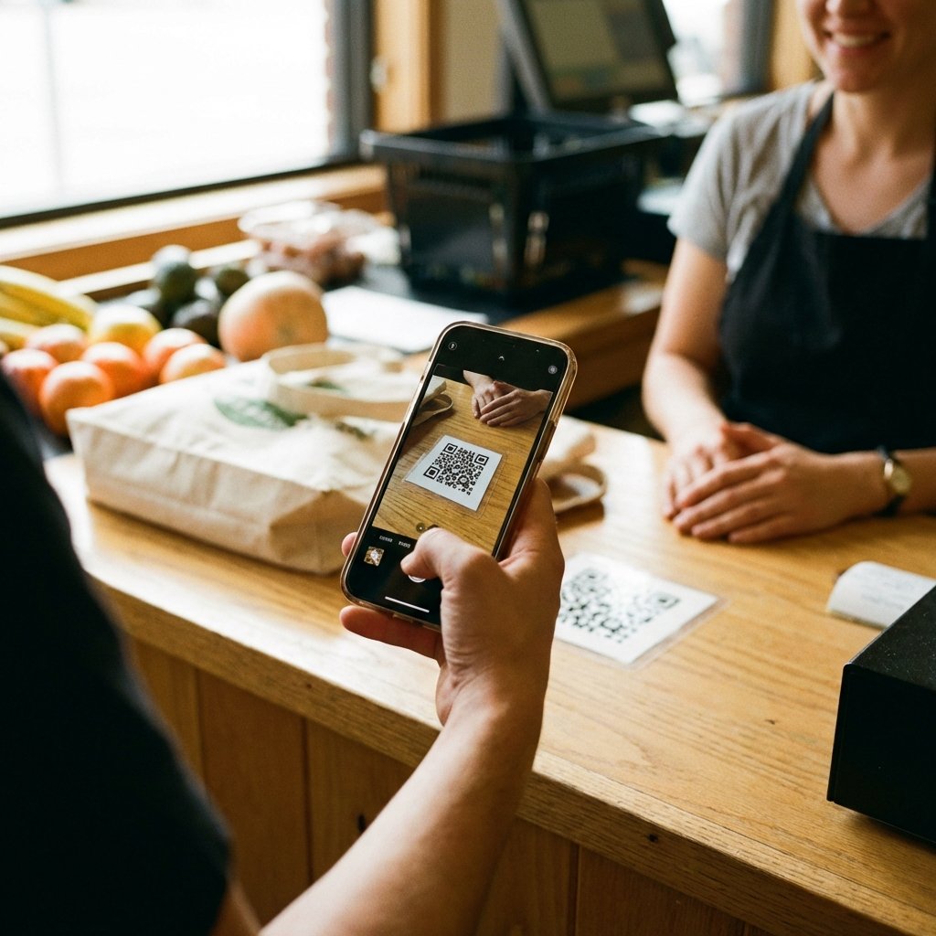 A person holding a smartphone and scanning a QR code at a grocery checkout counter, warm lighting, natural setting, focus on the hand and phone, no text, 1:1