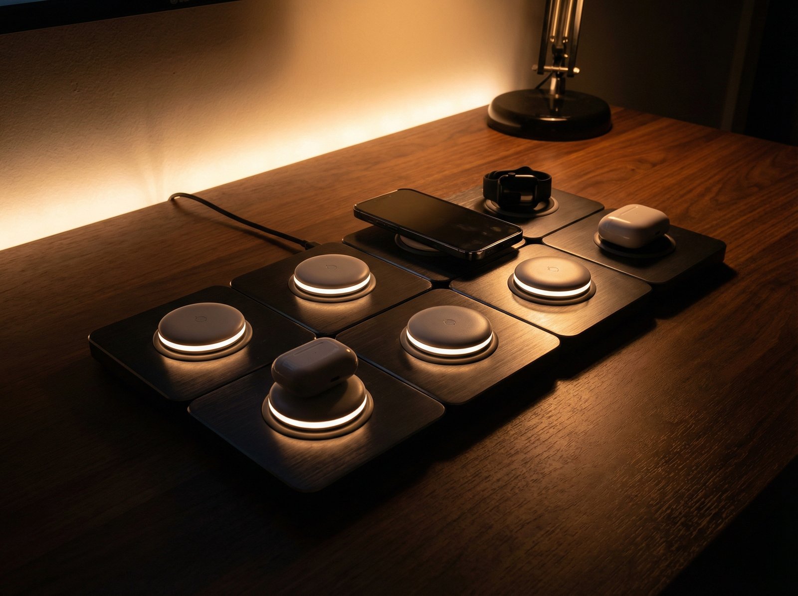 A futuristic 6-in-1 modular wireless charger with detachable power bank spheres, metallic finish, 25W Qi2.2 technology, modern desk setup, warm lifestyle lighting, high contrast, 4:3 aspect ratio, no text.