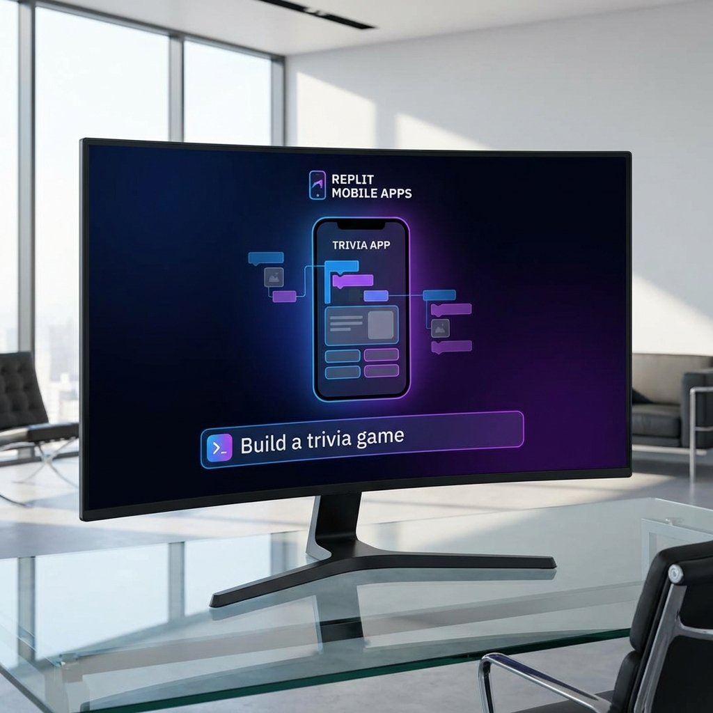 A modern computer screen displaying the Replit Mobile Apps interface, showing a prompt bar with the text 'Build a trivia game' and a visual representation of an app being constructed, futuristic and clean aesthetic, high resolution, 1:1