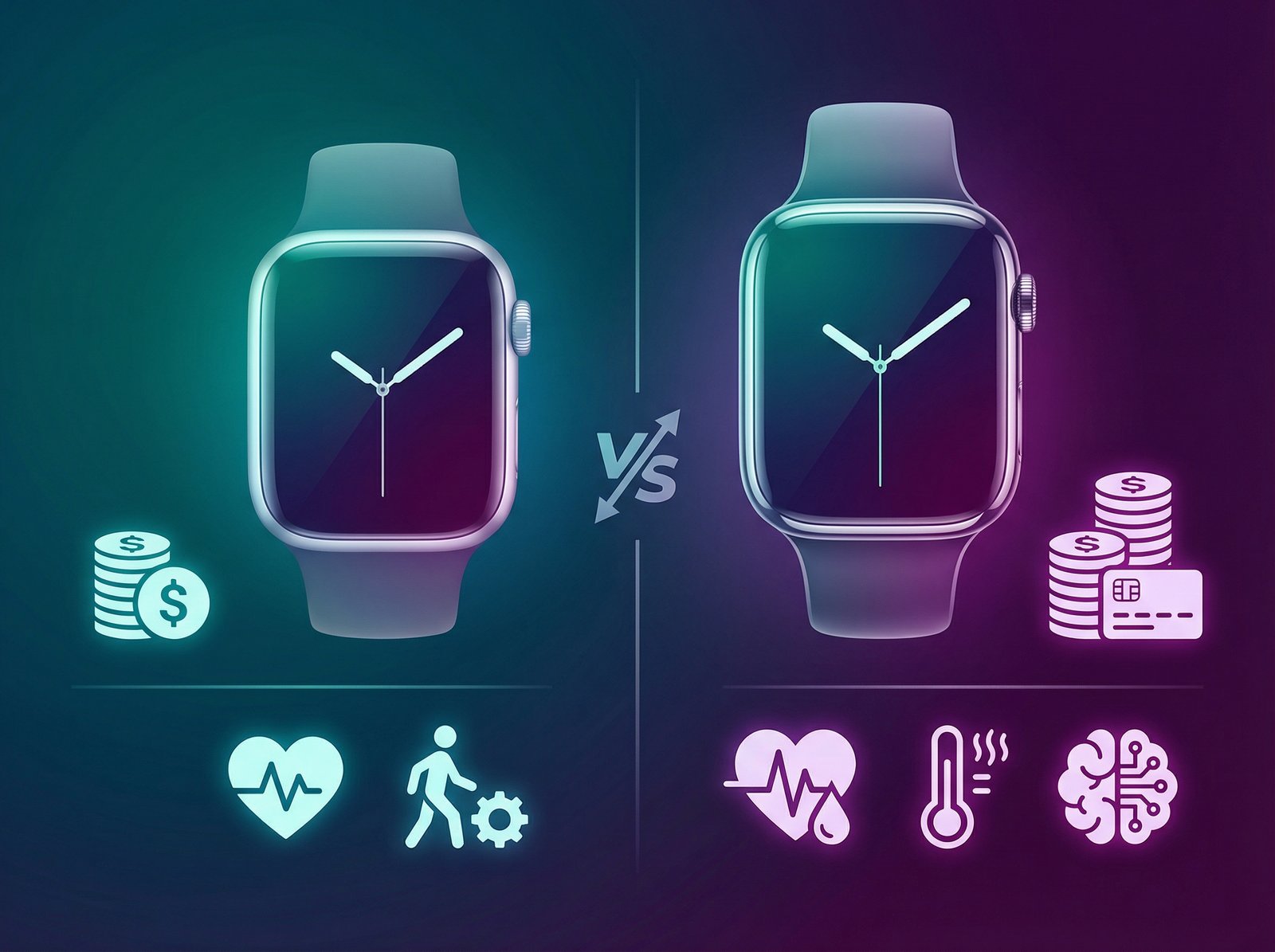 A clean infographic comparing key features (e.g., price, specific advanced sensors) of Apple Watch SE 3 and Apple Watch Series 11 side-by-side. Modern layout, high contrast, colored background, centered focus, no visible text. Aspect ratio 4:3.