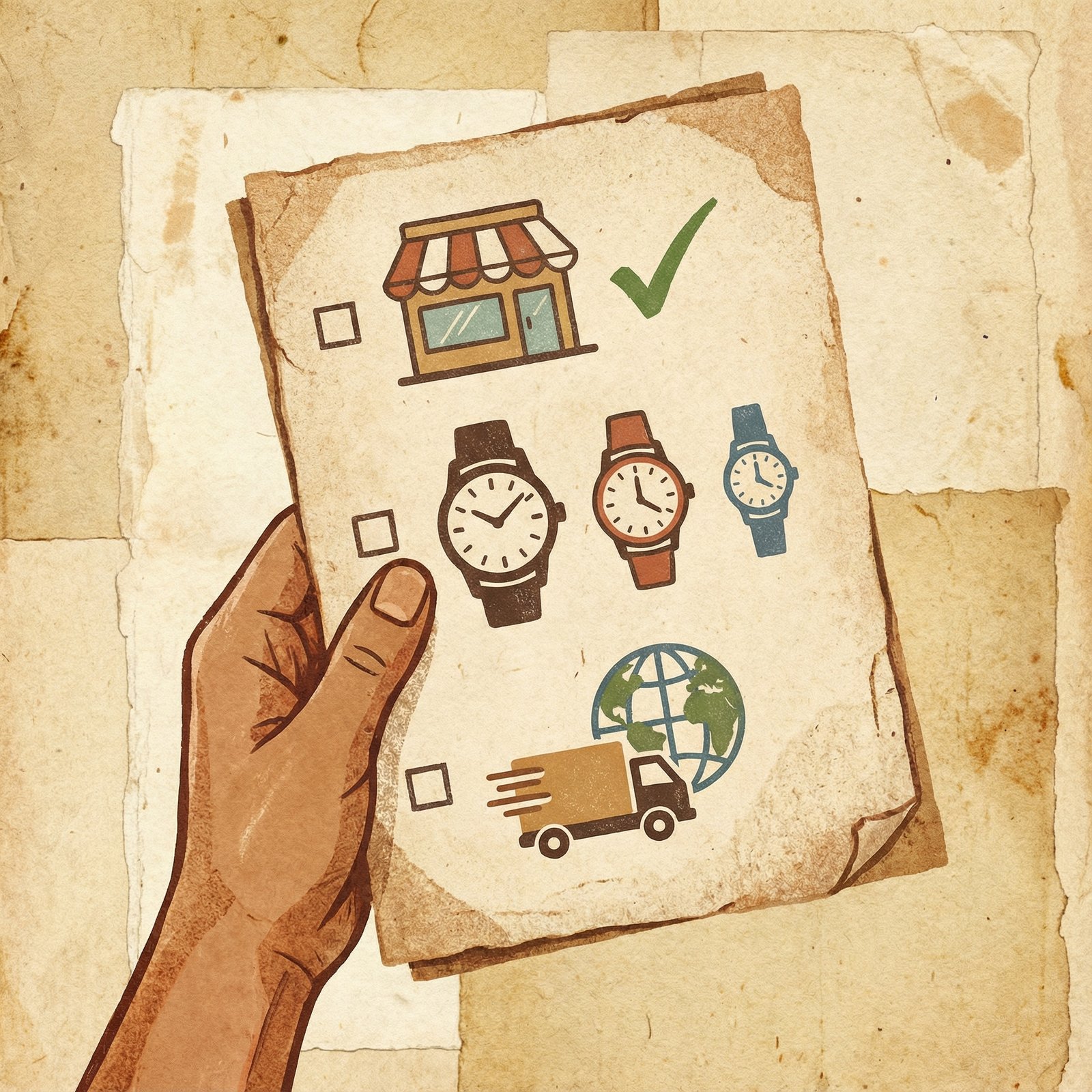 An illustration of a hand holding a checklist for buying a smartwatch, with items like "Check stock," "Choose size and color," and "Consider shipping." Artistic rendering, textured background, no visible text. Aspect ratio 1:1.