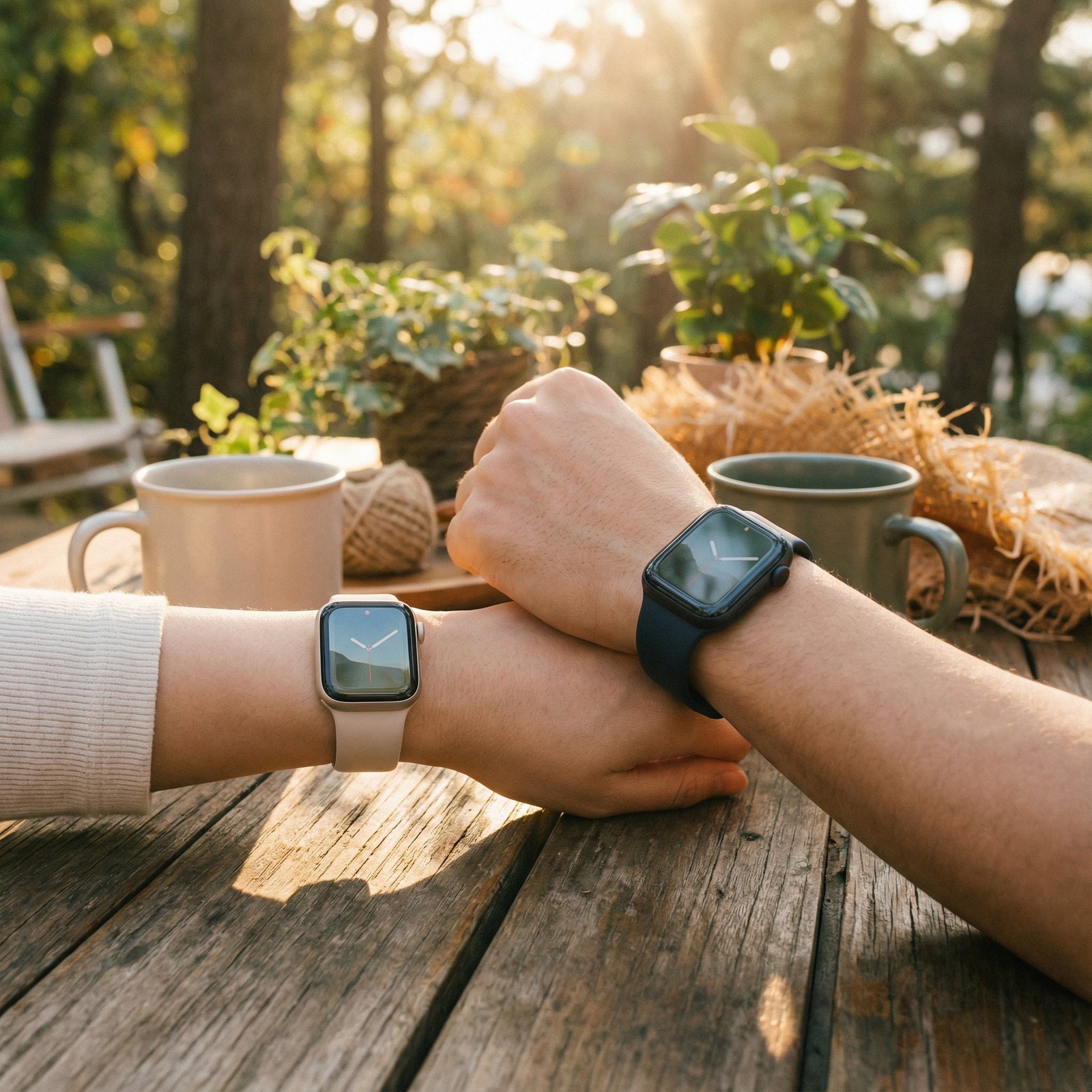 A lifestyle photograph of two wrists, one wearing a 40mm Apple Watch SE 3 and the other a 44mm Apple Watch SE 3, showing the size difference clearly. Warm lighting, natural setting, Korean appearance, no visible text. Aspect ratio 1:1.