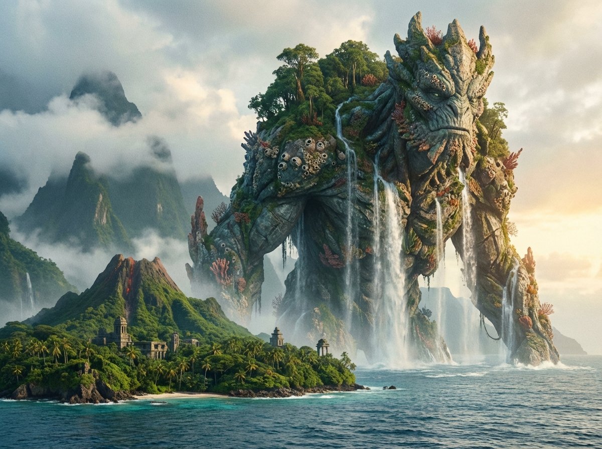 A giant mythical titan rising from the ocean near a mysterious tropical island, cinematic lighting, epic scale, misty mountains in the background, 4:3