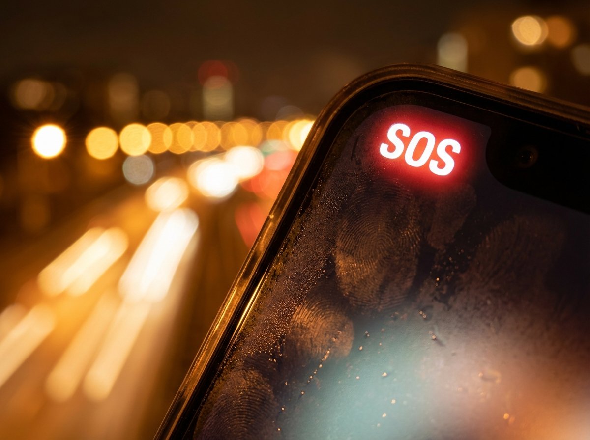 Close-up of a modern smartphone screen showing the SOS status icon in the top corner, blurry city background at night, realistic photography, warm lighting, 4:3 aspect ratio, no text.