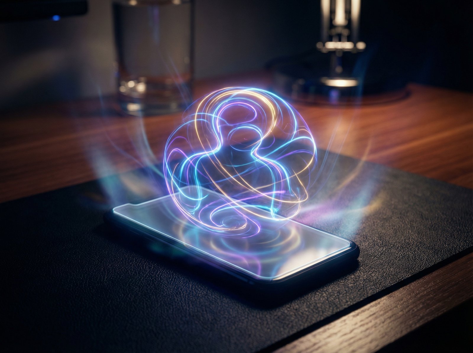 an abstract visualization of a glowing voice assistant on a smartphone screen, swirling neon light patterns representing intelligence, cinematic lighting, 4:3 aspect ratio, no text
