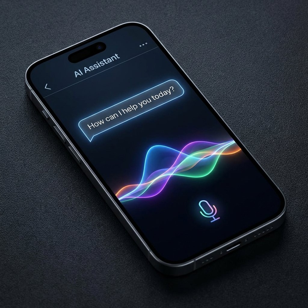 A sleek iPhone screen displaying a modern AI chatbot interface with colorful glowing light waves at the bottom, minimalist UI design, high contrast, 1:1
