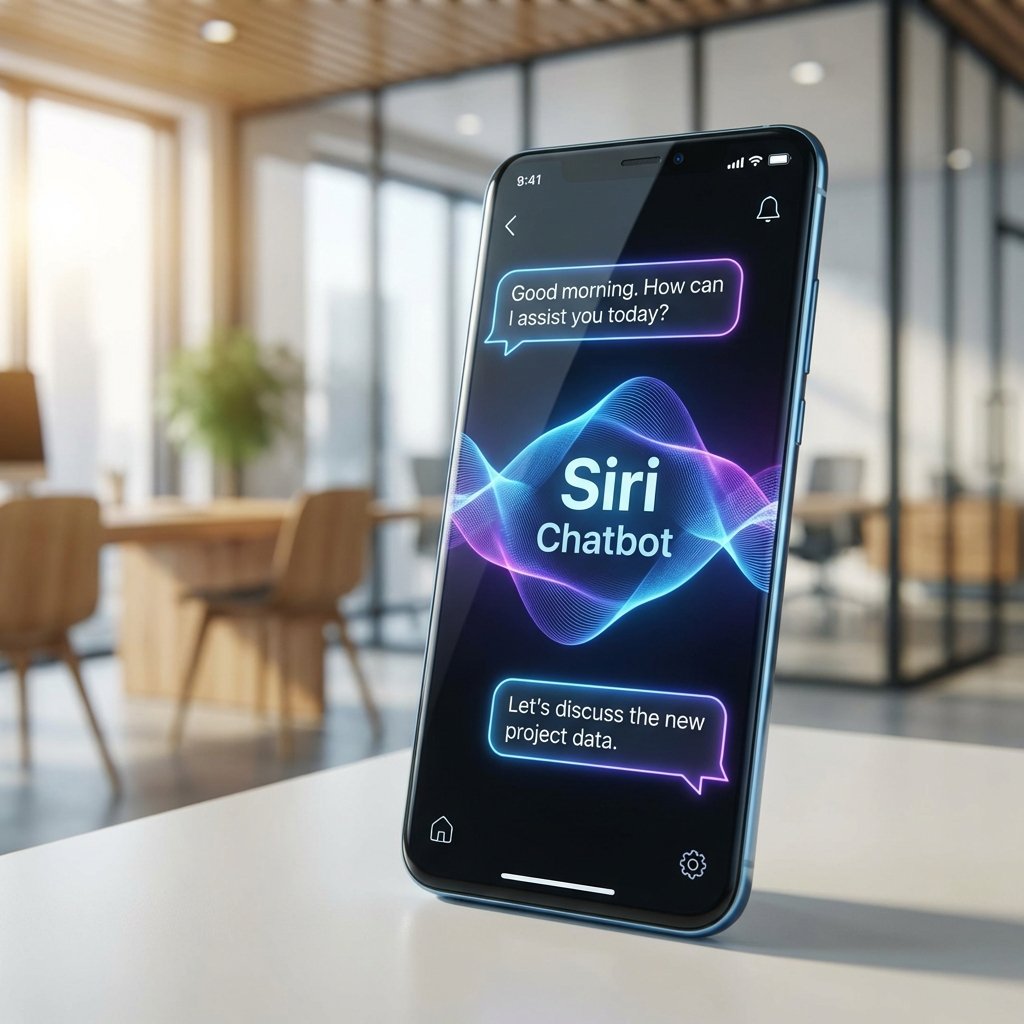 A futuristic iPhone screen displaying a sophisticated conversational AI interface with glowing waves, representing the new Siri Chatbot. The background is a modern office setting with soft natural lighting, high contrast, clean layout. 1:1