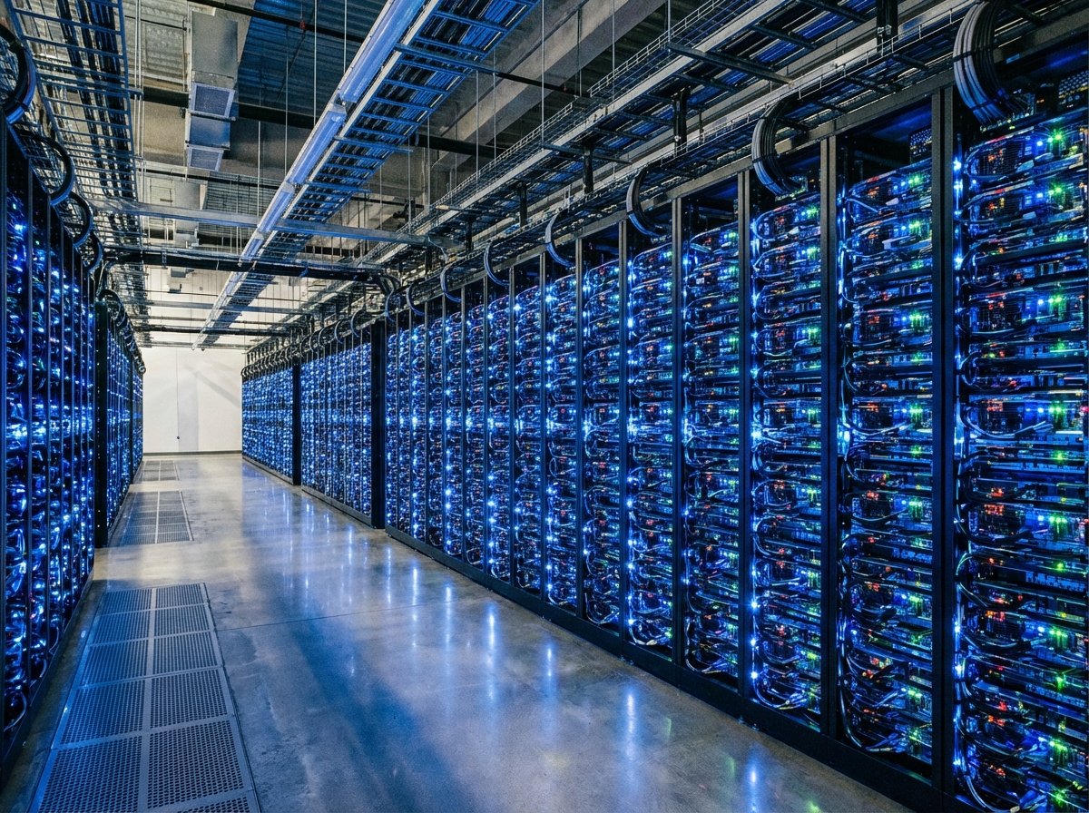 A realistic and detailed view inside a modern data center with rows of server racks glowing with blue LED lights, representing Google specialized TPU hardware. Professional photography style, 4:3 aspect ratio. No text.