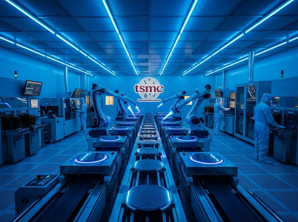 A high-tech semiconductor cleanroom at TSMC with robotic arms processing silicon wafers, glowing blue lights, futuristic atmosphere, wide angle, high contrast, 4:3