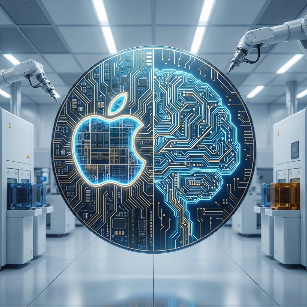 A professional and high-tech visualization of a semiconductor wafer with an Apple logo on one side and an AI circuit pattern on the other side, glowing blue and gold circuitry, modern foundry atmosphere, 1:1, no text