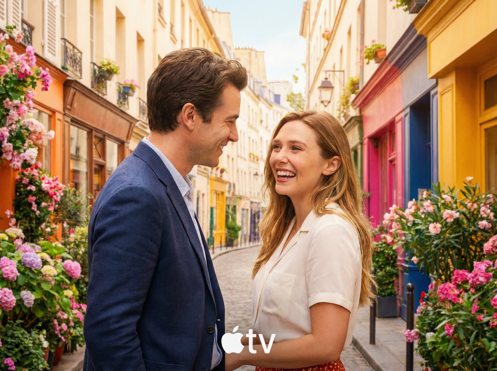 Apple TV logo and a movie poster for 'Eternity' starring Elizabeth Olsen, romantic comedy theme, vibrant colors, clean cinematic style, no visible text, 4:3 aspect ratio.