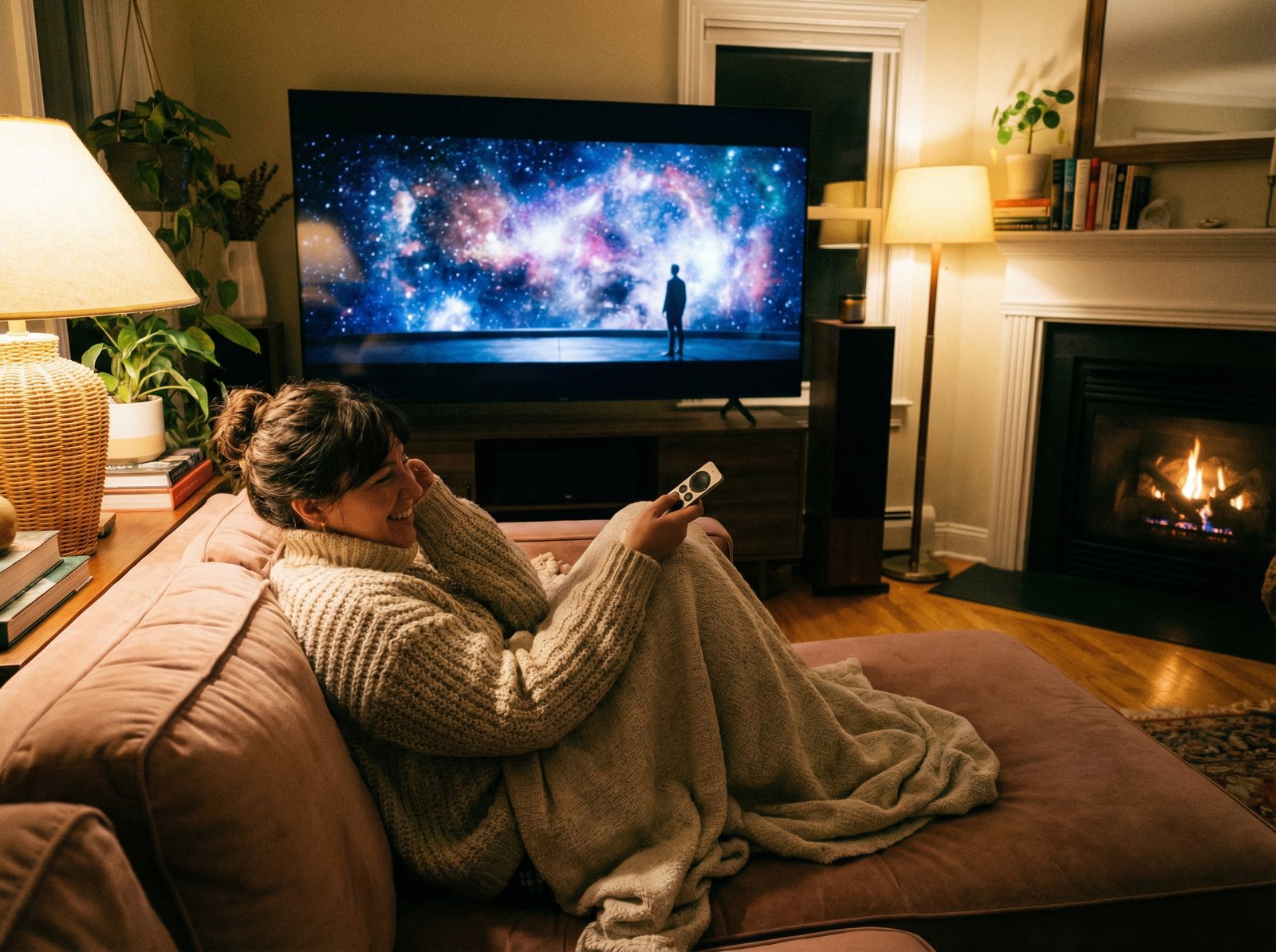 Person comfortably sitting on a sofa, holding an Apple TV remote, watching the movie 'Eternity' on a large screen, cozy living room, warm lighting, no visible text, 4:3 aspect ratio.