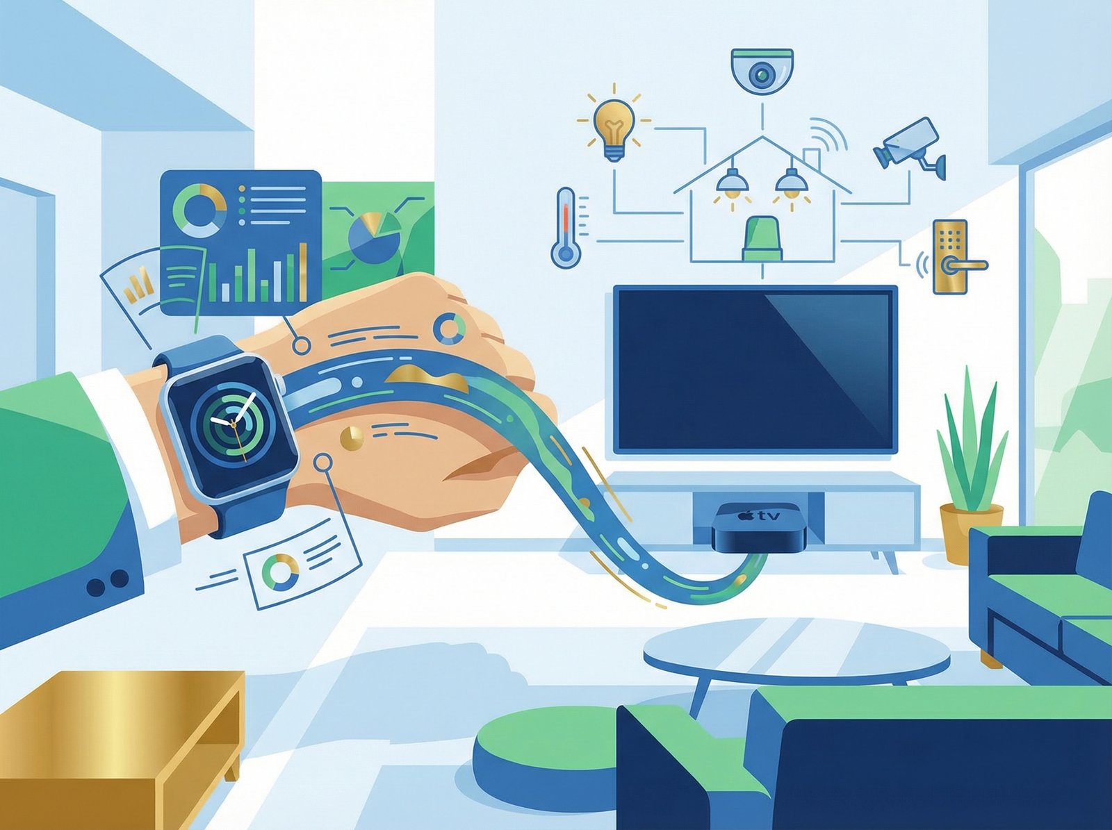 A stylized illustration showing an Apple Watch seamlessly connected to an Apple TV, with data streams and smart home integration concepts floating around them. The background is a clean, modern interior. Aspect ratio 4:3, no visible text.
