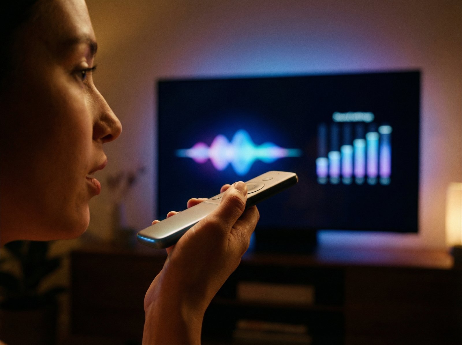 A close-up of a person speaking to a sleek smart TV remote, the TV screen in the background showing a glowing voice assistant wave and sound settings being adjusted automatically, cinematic lighting, realistic style, 4:3 aspect ratio, no text