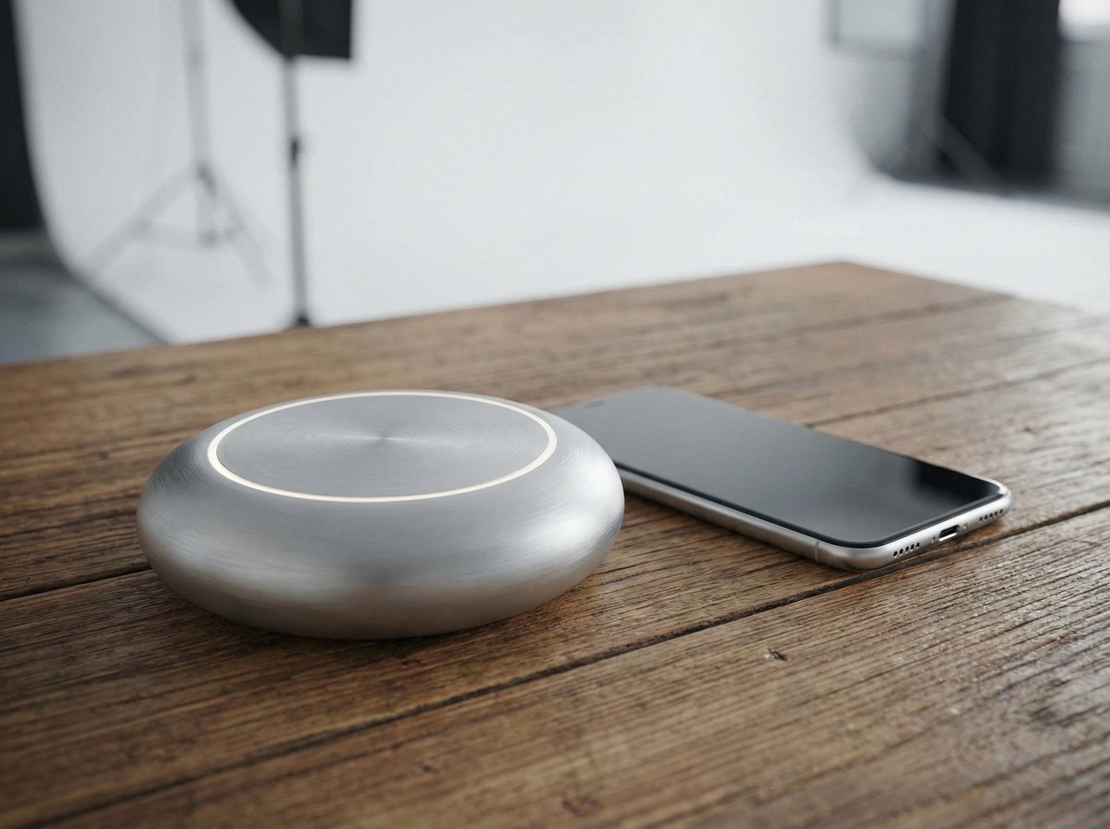 A futuristic Apple TV set-top box placed on a wooden desk next to a modern smartphone, soft studio lighting, high-end aluminum finish, soft bokeh background, 4:3 aspect ratio, no text