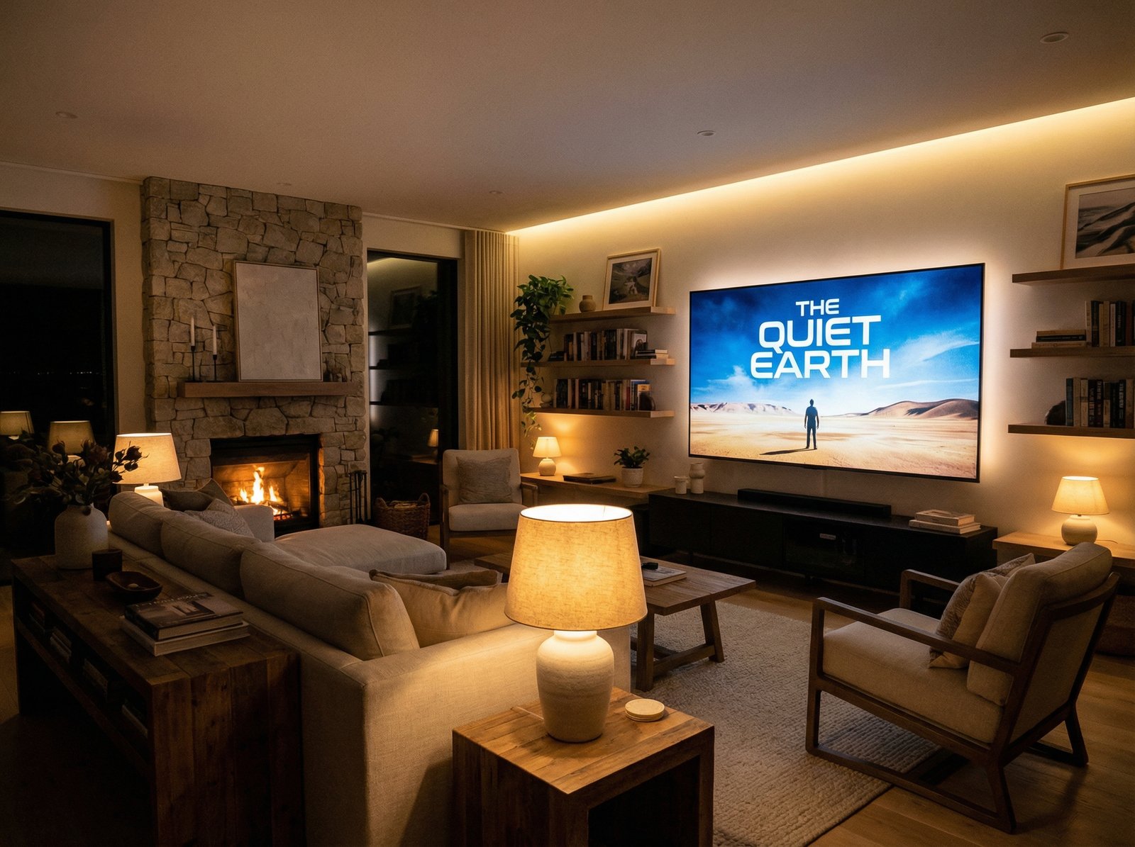 A cozy modern living room with a large TV displaying a movie poster, soft ambient lighting, high-end interior design, realistic style, 4:3, no visible text