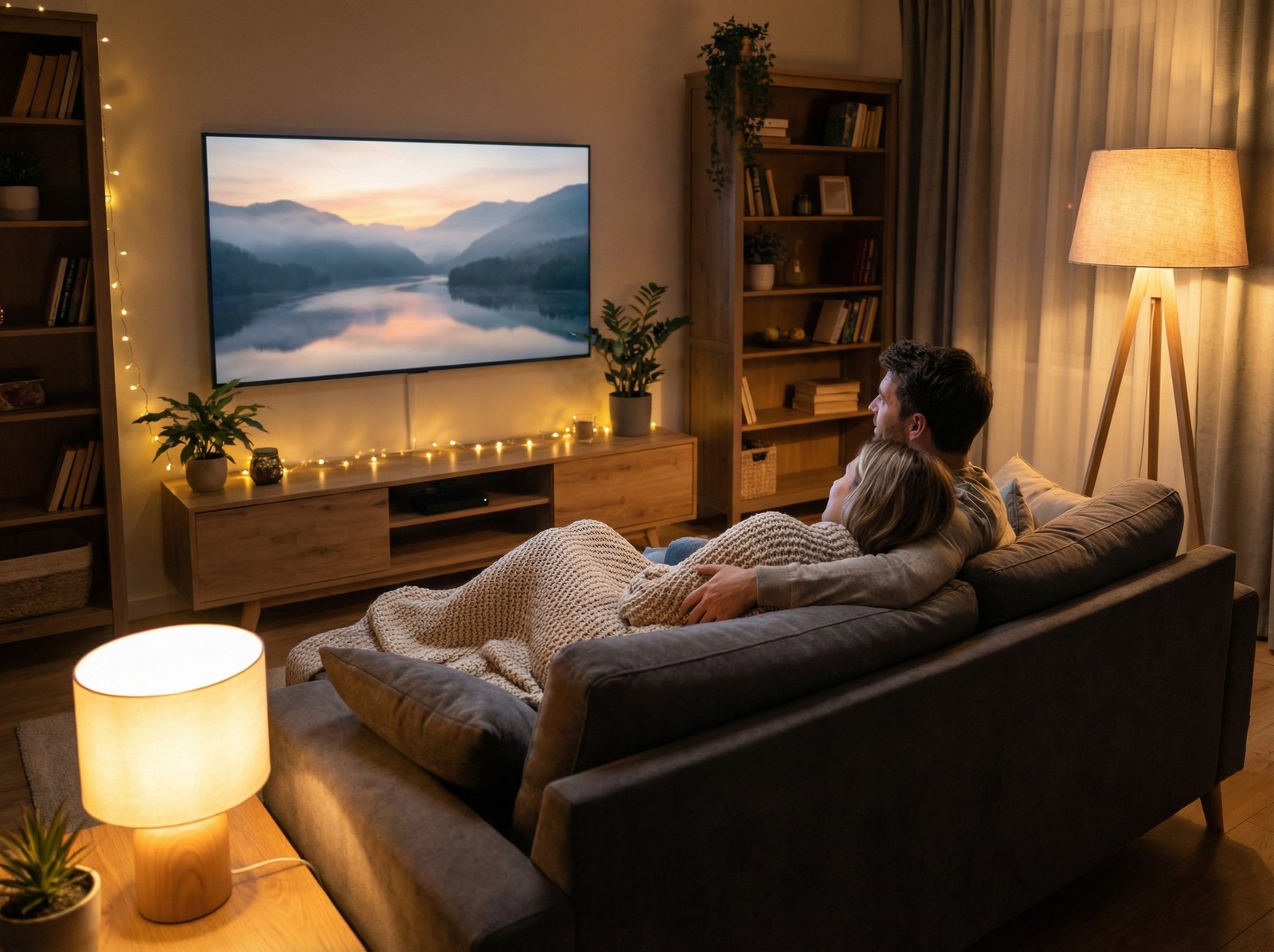 A cozy modern living room at night. A large television screen displays a beautiful landscape scene. A couple is sitting on a sofa with a blanket, watching the screen. Warm ambient lighting from a floor lamp, realistic lifestyle photography, 4:3 aspect ratio, no text.
