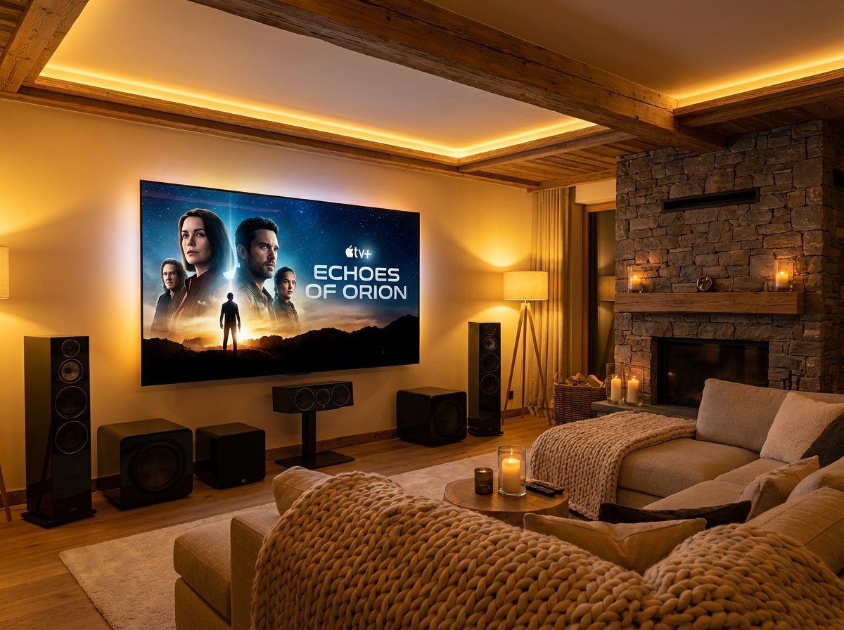 A modern living room with a high-end home theater setup, a large OLED TV screen showing a cinematic movie poster with the Apple TV logo, warm ambient lighting, cozy interior design, 4:3