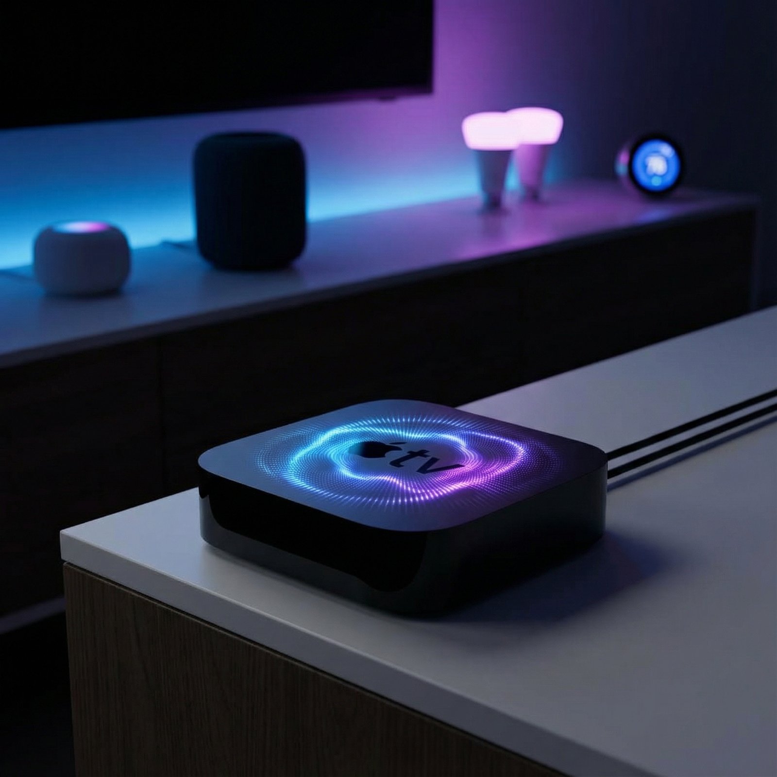Sleek, modern Apple TV 4K box with glowing AI elements and smart home devices in the background, informational style, high contrast, 1:1 aspect ratio, no visible text.
