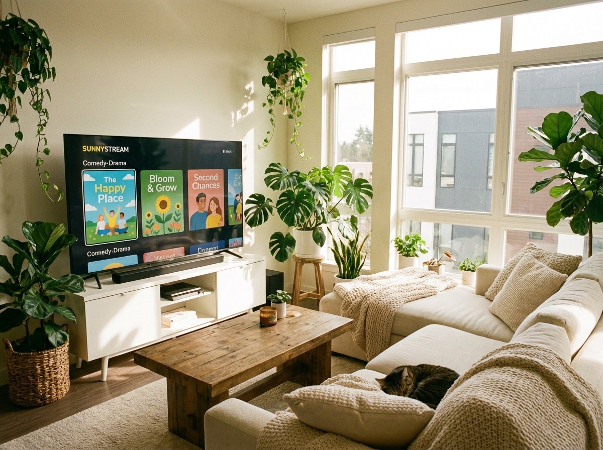 A cozy and modern living room with a large TV screen displaying a streaming service interface with a cheerful comedy drama theme. The room is filled with warm sunlight and indoor plants, creating a healing and welcoming atmosphere. 4:3