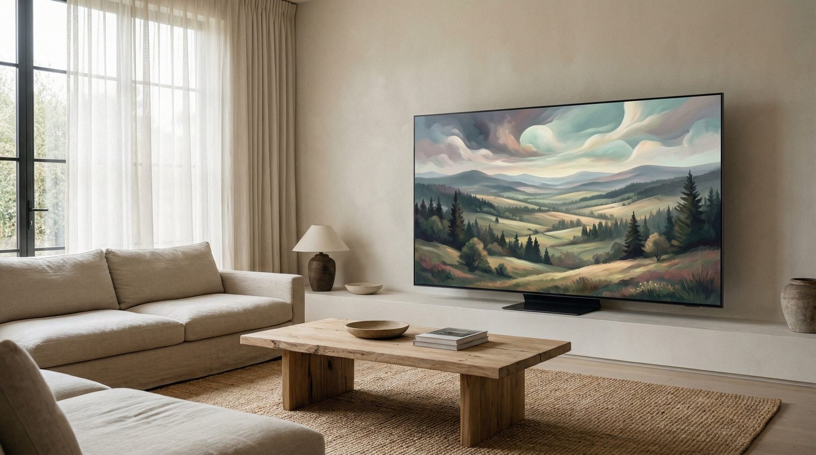 A minimalist living room with a large TV displaying a beautiful AI-generated artistic landscape as a screensaver, soft natural lighting, elegant interior design, realistic photography, 16:9 aspect ratio, no text