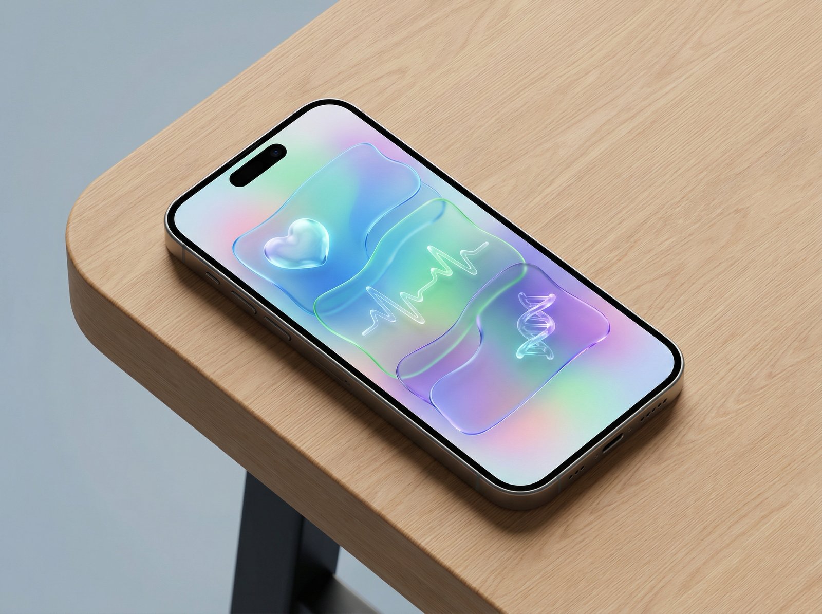 A modern iPhone 17 screen displaying a health research application with Liquid Glass UI elements, featuring soft translucent layers, vibrant gradients, and fluid-like glass textures, high-quality digital rendering, professional appearance, 4:3 aspect ratio, no text.