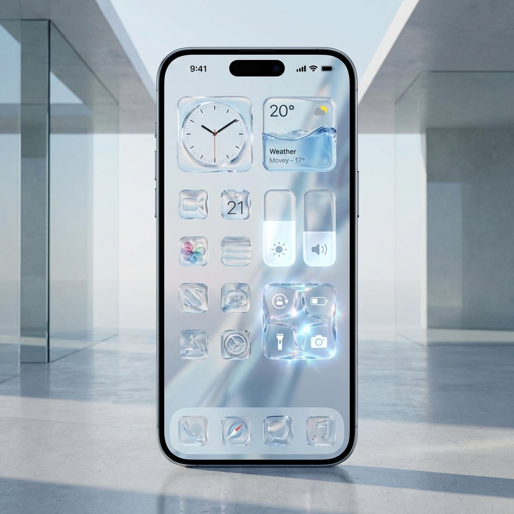 A modern iPhone showing the new iOS 26 Liquid Glass UI with translucent and glass-like system elements, sleek and futuristic aesthetic, high resolution, 1:1