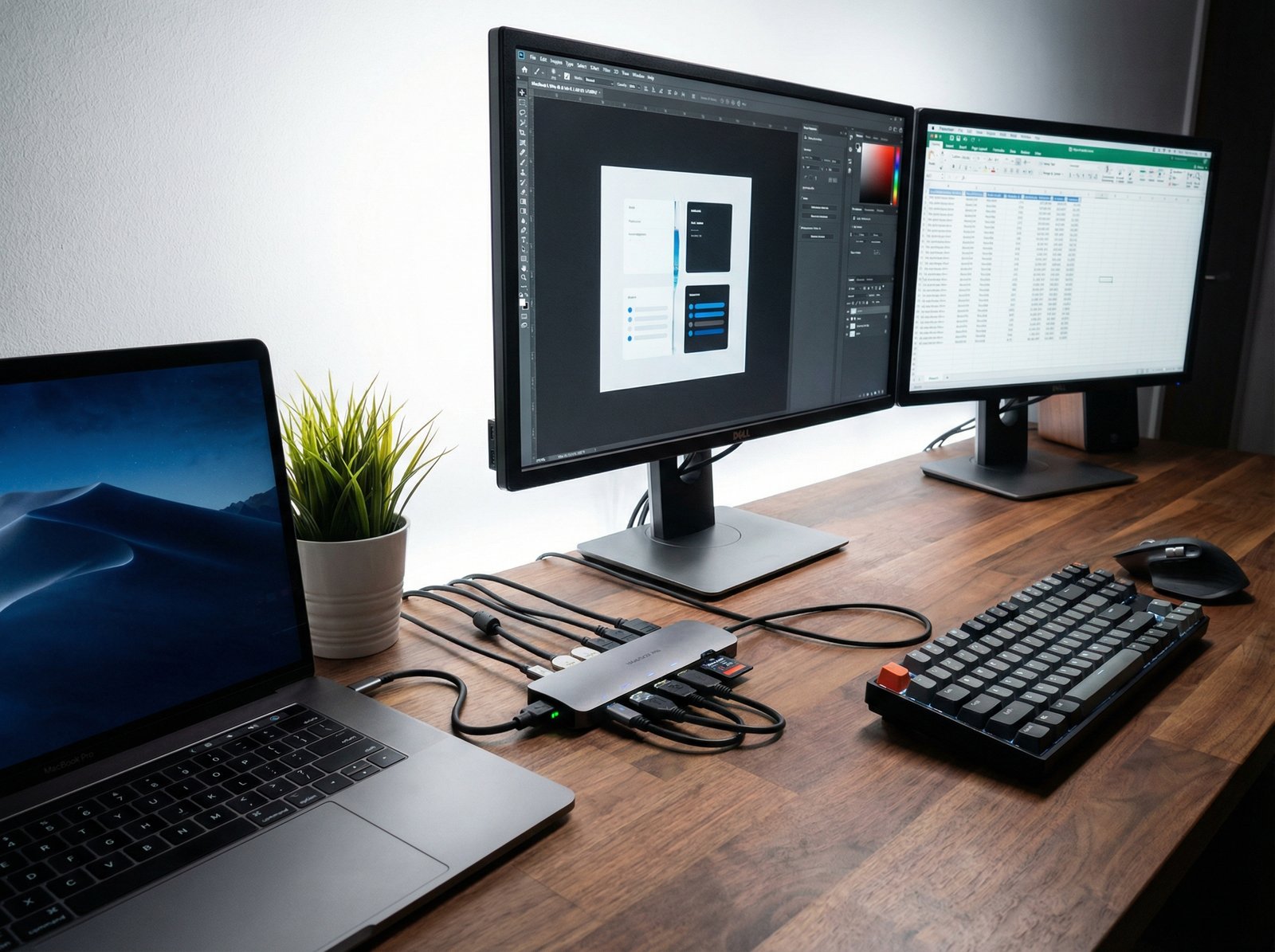 A modern USB-C hub connected to a MacBook, extending to two 4K external monitors. The hub shows multiple ports in use. Clean desk setup. Informational style, detailed composition, high contrast. 4:3 aspect ratio, no visible text.
