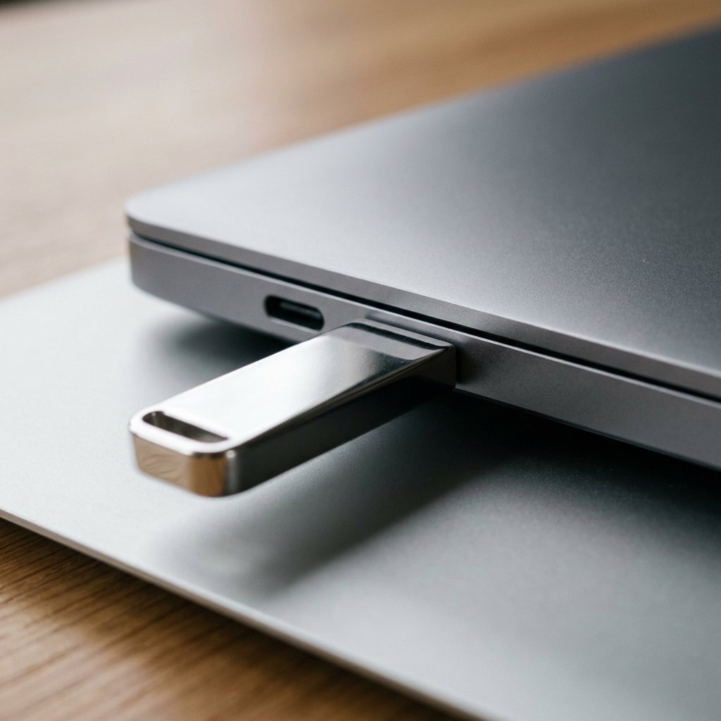 Close up of a sleek silver USB flash drive plugged into a modern MacBook laptop side port professional lighting depth of field 1:1 aspect ratio no text