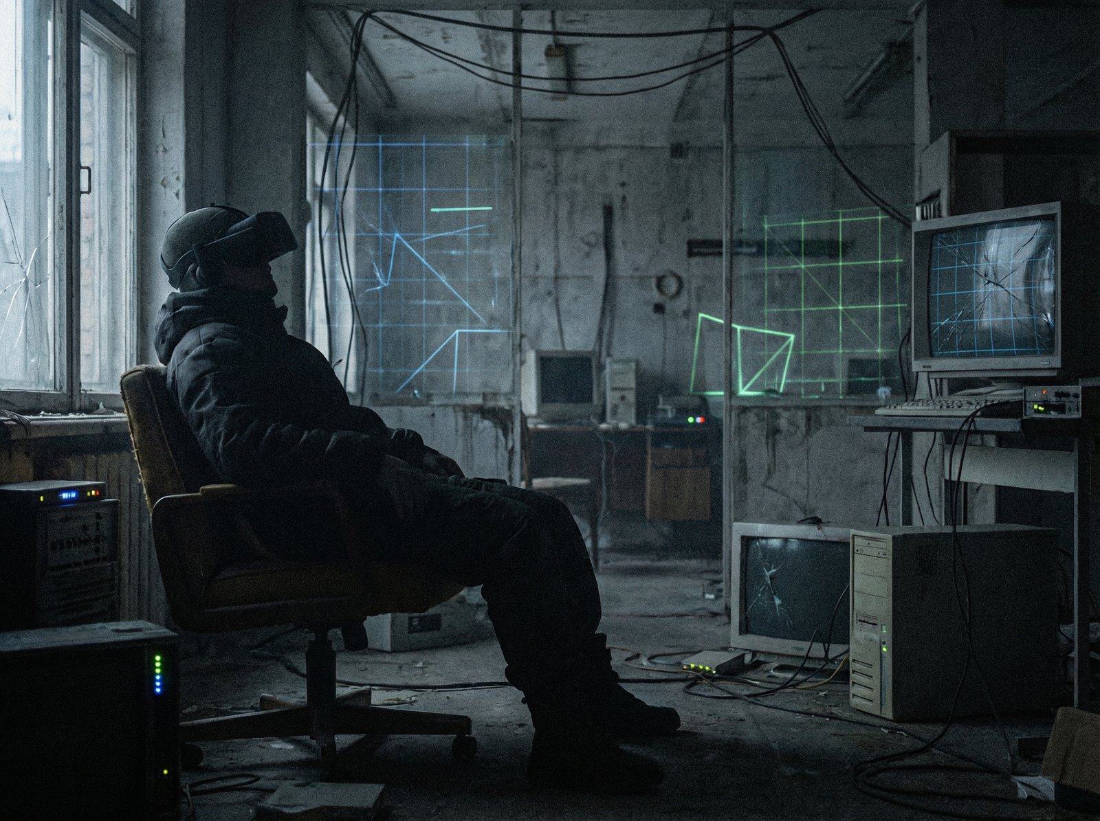 A silhouette of a person wearing a generic VR headset in a dimly lit, futuristic setting. The environment looks empty and a bit neglected, symbolizing a declining market trend for virtual reality technology. There are faint digital lines or grids in the background. Aspect ratio 4:3, no visible text.