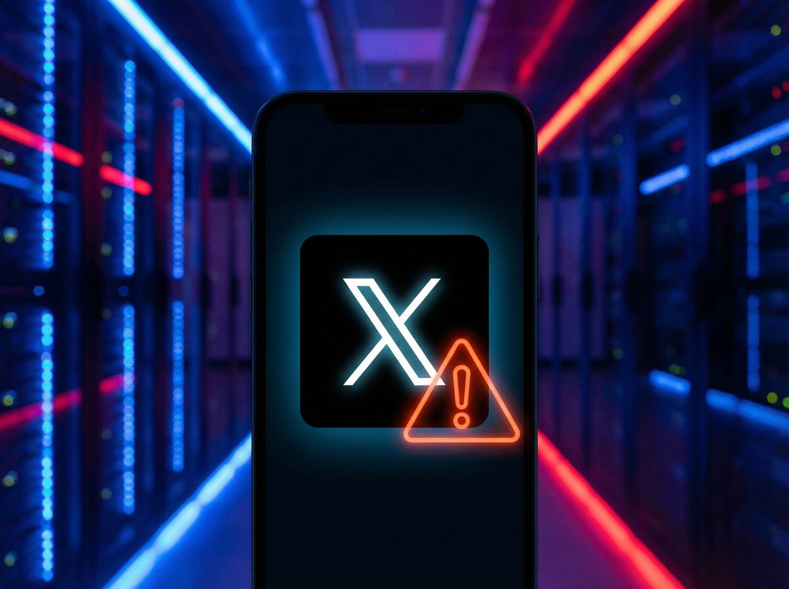 A smartphone screen displaying the X app icon with a digital warning sign or caution symbol overlay. The background shows a modern tech environment with soft blue and red lighting, 4:3 aspect ratio, high resolution, no text.