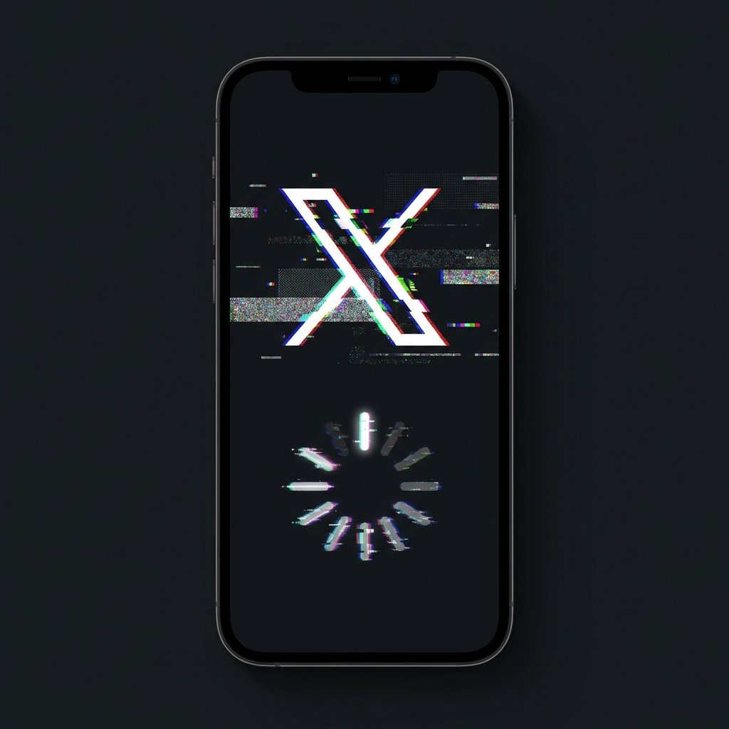 A smartphone screen displaying the X logo with a digital glitch effect and a loading spinner on the screen, modern dark mode interface, 1:1 aspect ratio, high resolution, no text.