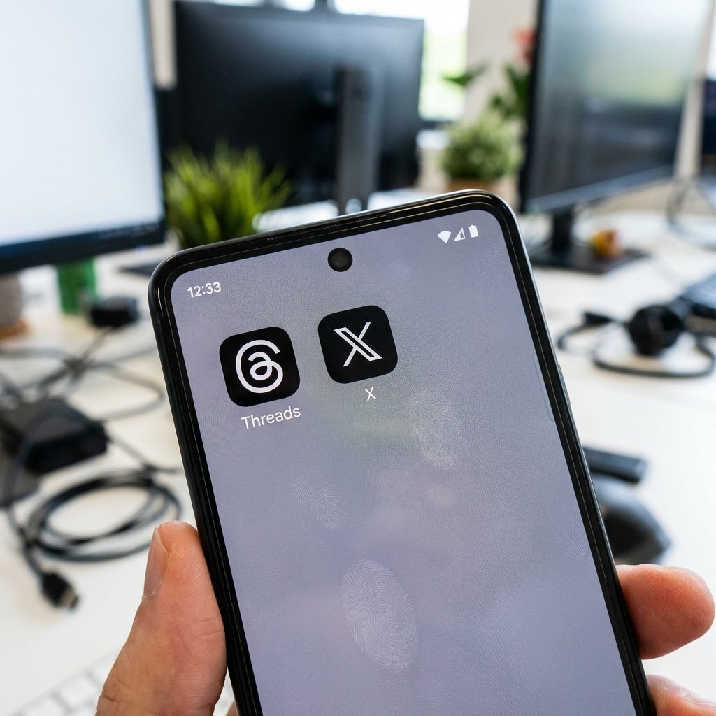 A high-quality close-up of a modern smartphone screen showing the Threads app icon and X app icon side-by-side. The background is a soft, out-of-focus tech office setting. High contrast, 1:1 aspect ratio, no visible text on screen, clean layout.