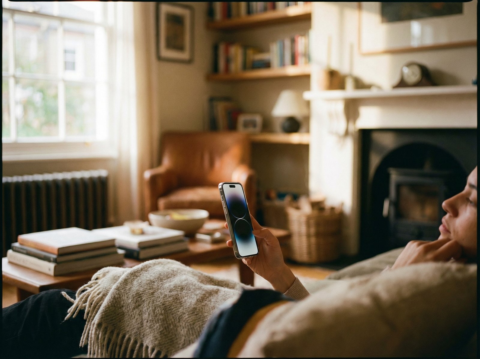 A person holding a modern iPhone in a cozy living room, looking at the screen with a contemplative expression. The background is warm and slightly blurred. High-quality lifestyle photography, natural lighting, 4:3 aspect ratio, no text.