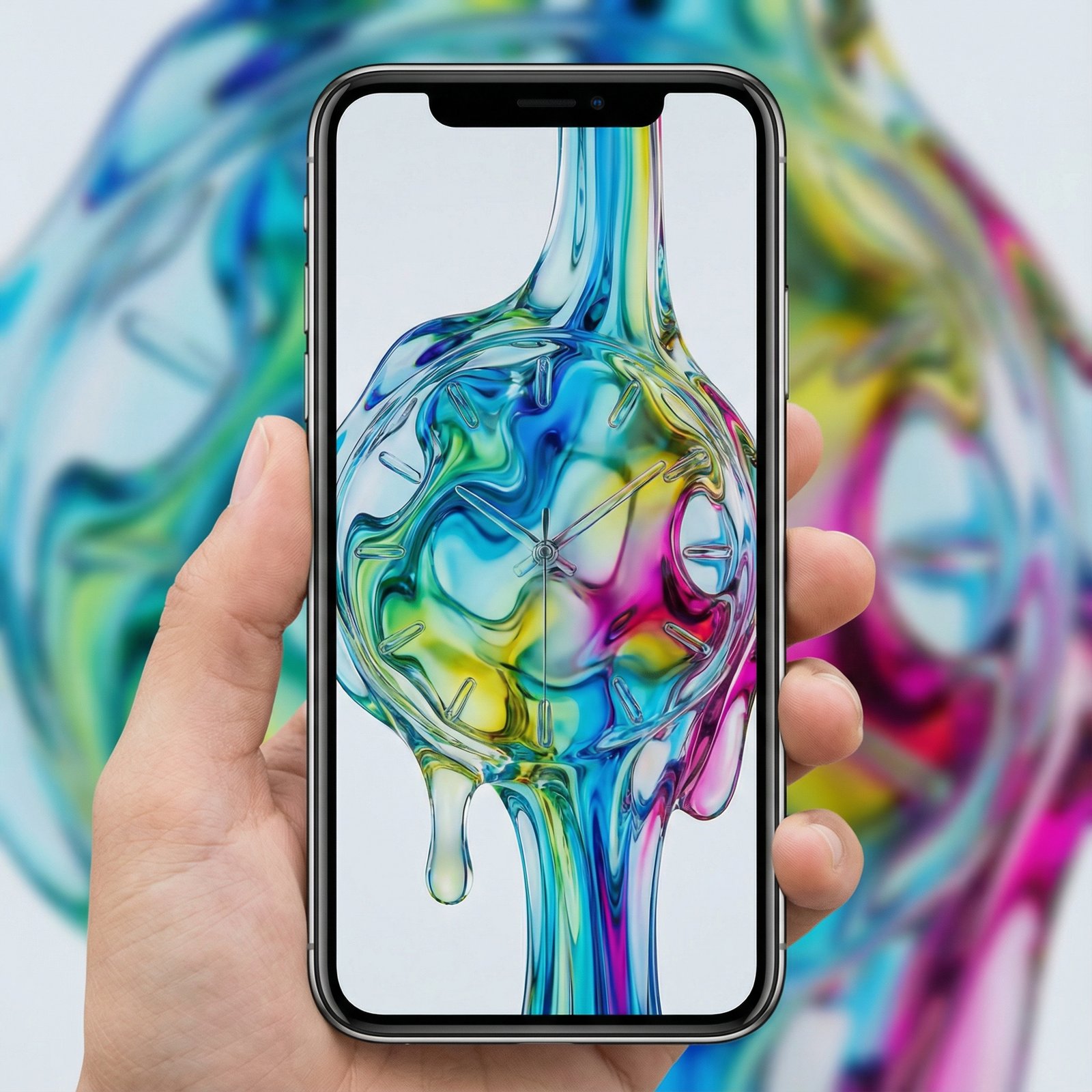 An iPhone showing the Lock Screen with a highly customized clock, modern design, subtle liquid glass effect, colorful background, bright and clear lighting, 1:1 aspect ratio, no visible text, no Korean text