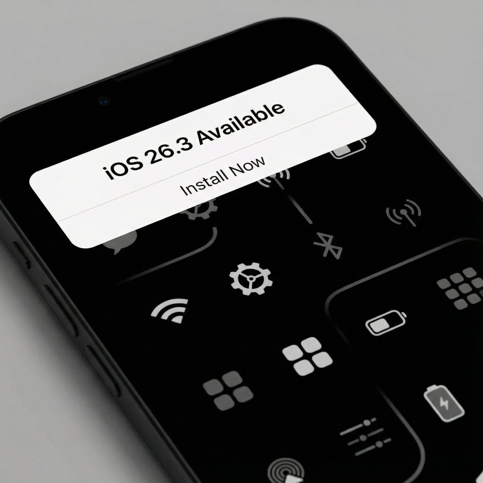 A clean and modern iPhone screen displaying an iOS update notification. The version number 26.3 is prominent. The background shows subtle icons related to app functionality and settings, with a high-contrast, informational style. No visible text on the screen, 1:1 aspect ratio.