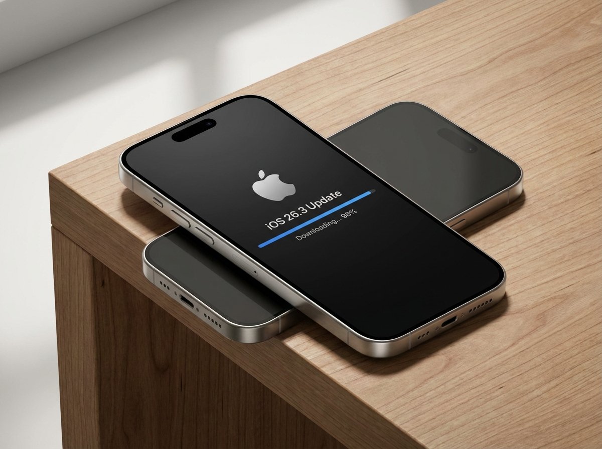 A sleek iPhone 16 Pro displaying a software update progress bar with the text iOS 26.3 on a clean and modern wooden desk background. High resolution, soft studio lighting. 4:3