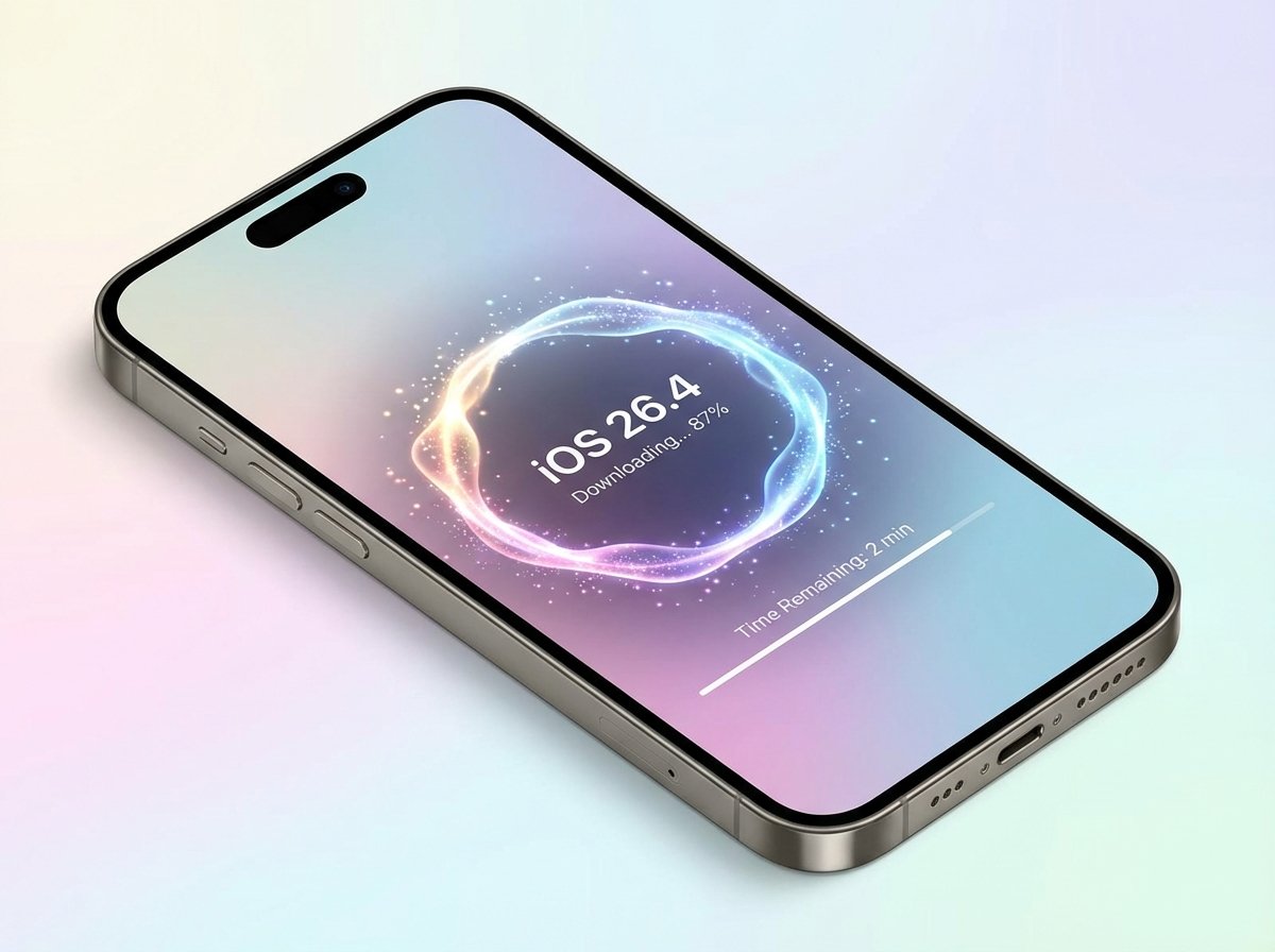 A modern iPhone screen showing a futuristic software update progress bar with the visual elements of iOS 26.4, clean and minimal background, high resolution, soft lighting. 4:3