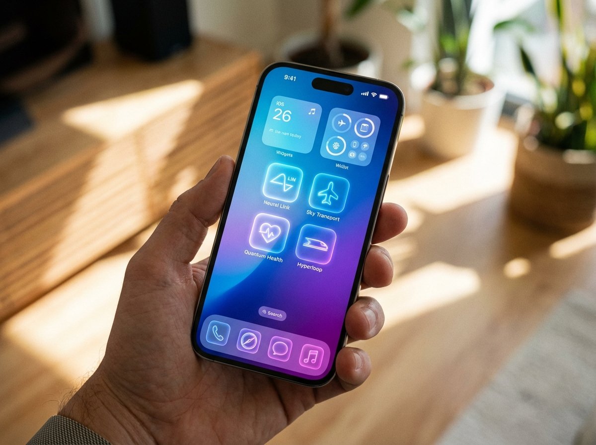 A modern iPhone showing a sleek and futuristic iOS 26 home screen with vibrant app icons and a clean interface. The background is a soft gradient of blue and purple. High-quality lifestyle photography style, 4:3.