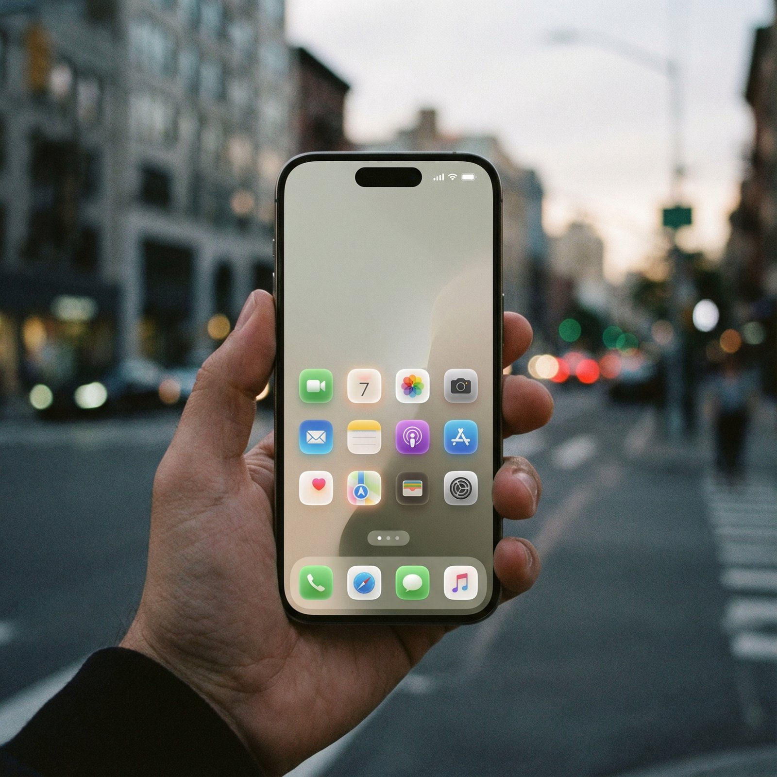 A close-up shot of a modern iPhone screen displaying a conceptual, sleek iOS 27 interface with subtle new design elements. The phone is held in a hand against a blurred urban background. Aspect ratio 1:1, no visible text.