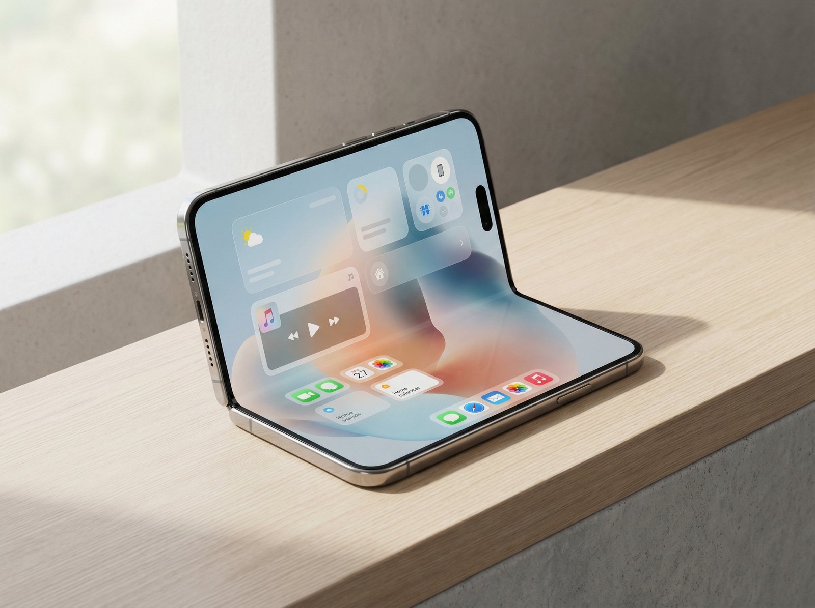 A futuristic iPhone with a foldable screen displaying a clean and modern iOS 27 interface with smooth glass-like widgets and translucent windows, professional high-end product photography style, soft natural lighting, 4:3 aspect ratio, no visible text