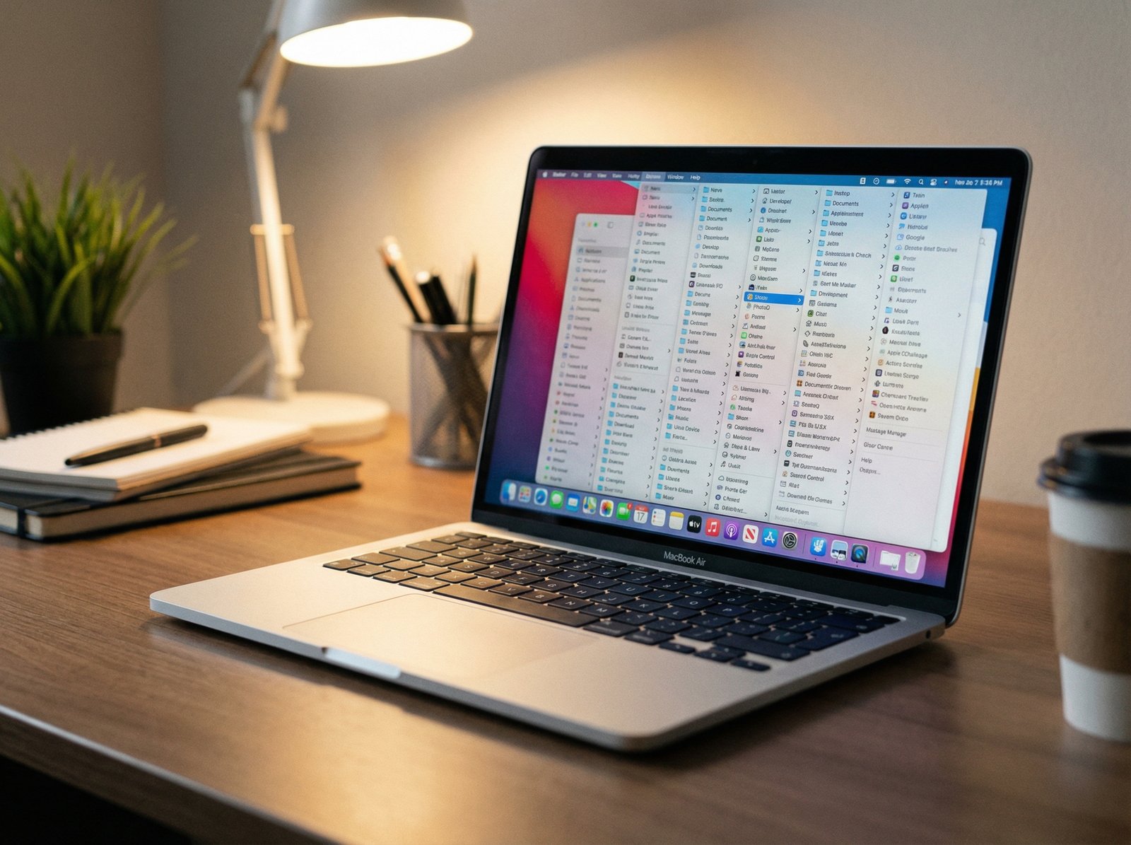 A high-quality 4:3 image showing a sleek silver MacBook screen with a cluttered software menu visible. The menu contains many small, confusing icons next to text labels, reflecting a busy and disorganized user interface. The lighting is modern and professional, with a soft desk setup in the background. aspect ratio 4:3, no text.