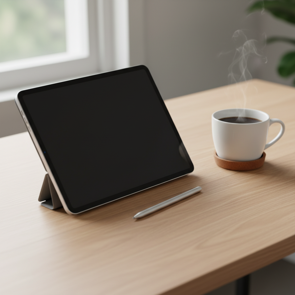 모던한 책상 위에 놓인 세련된 아이패드 12세대 컨셉 이미지